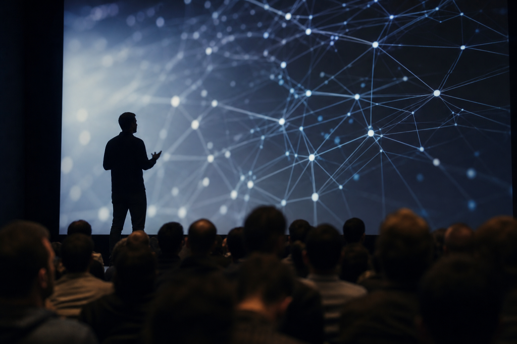 Conference stage with presenter and abstract dot‑network projection