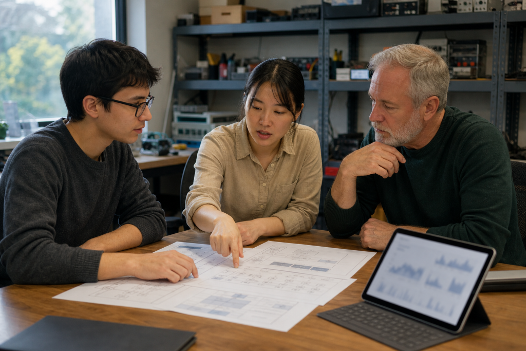 Team discussing AI incident response and mitigation around a conference table.