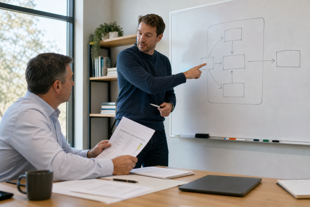 Small business manager and IT specialist reviewing AI integration risks on a whiteboard.
