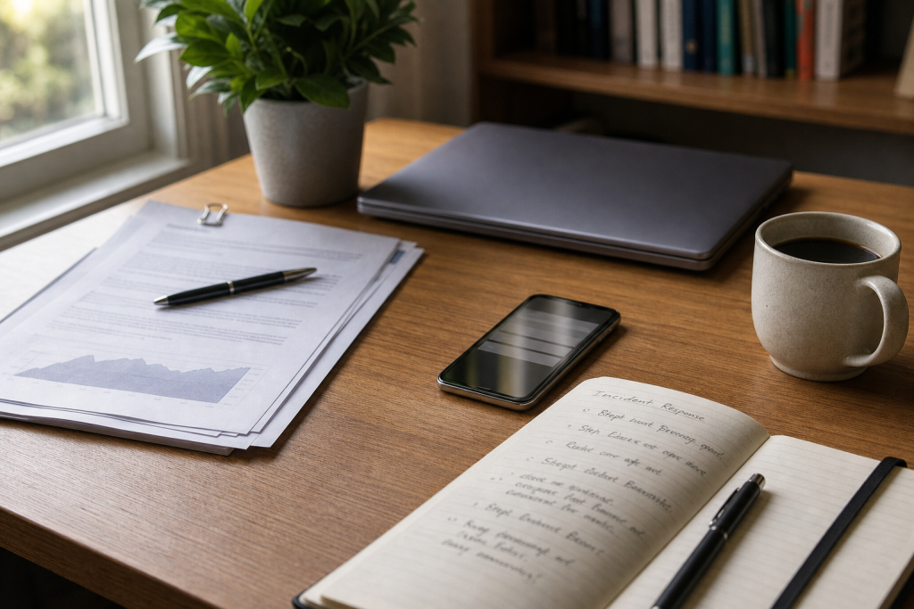 Desk with policy papers, incident-response notes, and a laptop ready for updating AI governance.