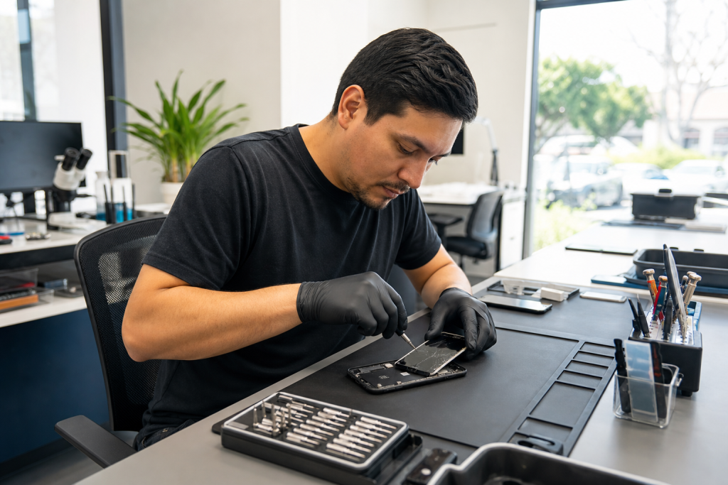 Technician replacing a smartphone screen on a repair bench in a clean local shop