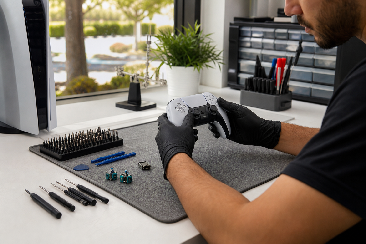 Technician repairing a PlayStation 5 DualSense controller on a workbench in a local repair shop.