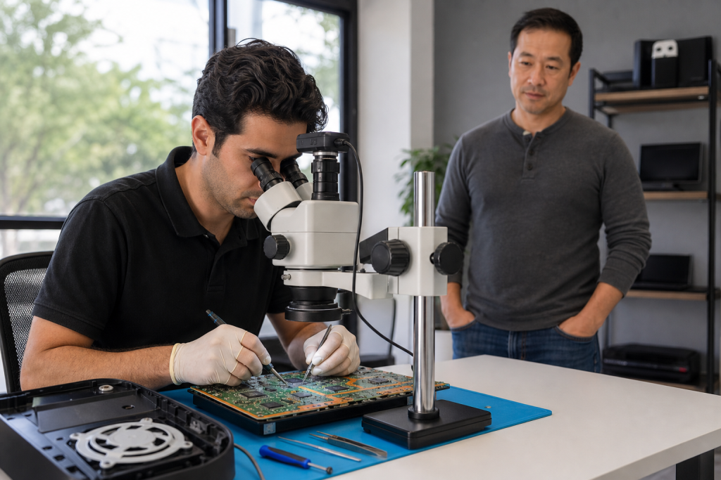 Technician inspecting a PlayStation 5 HDMI port under a microscope at a repair bench