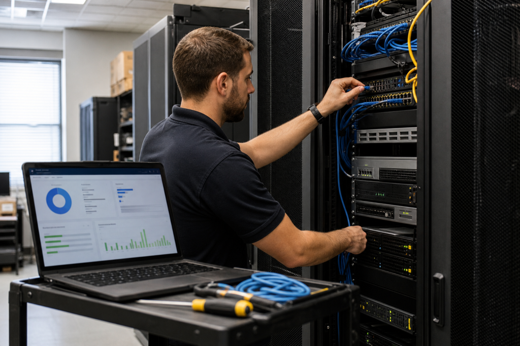 Technician in a small business server room connecting equipment and reviewing a patch deployment dashboard on a laptop.