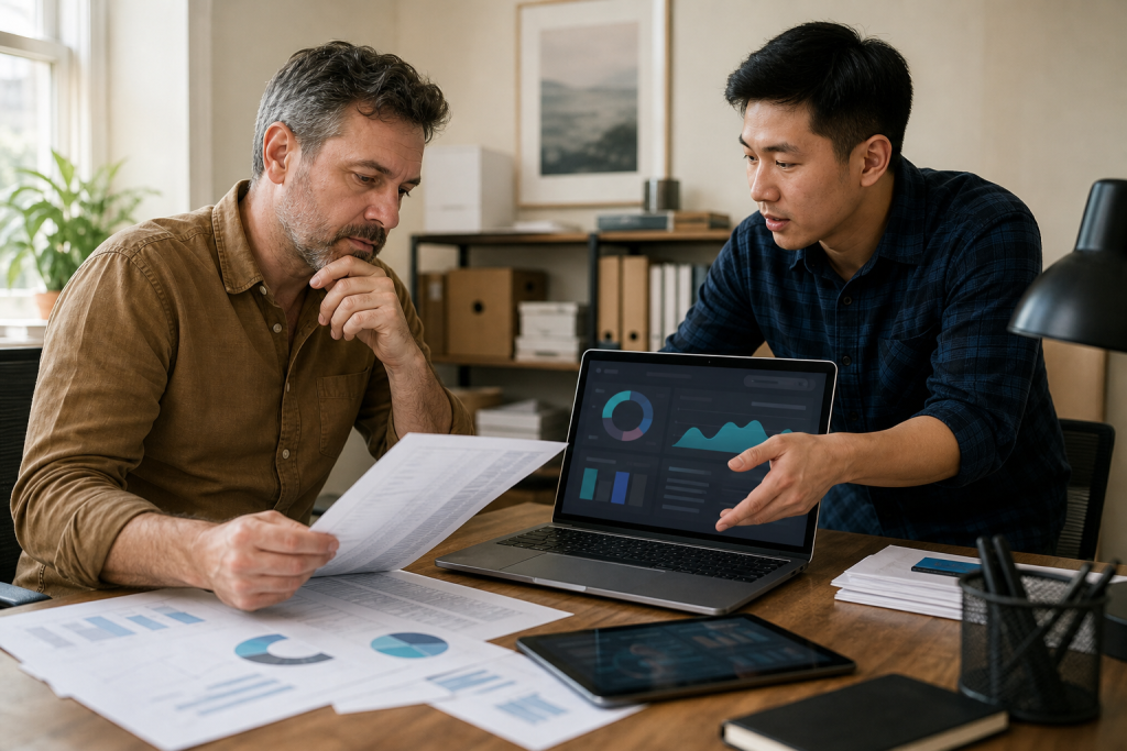Small business owner evaluating long-document processing and automation on a laptop with a technician.