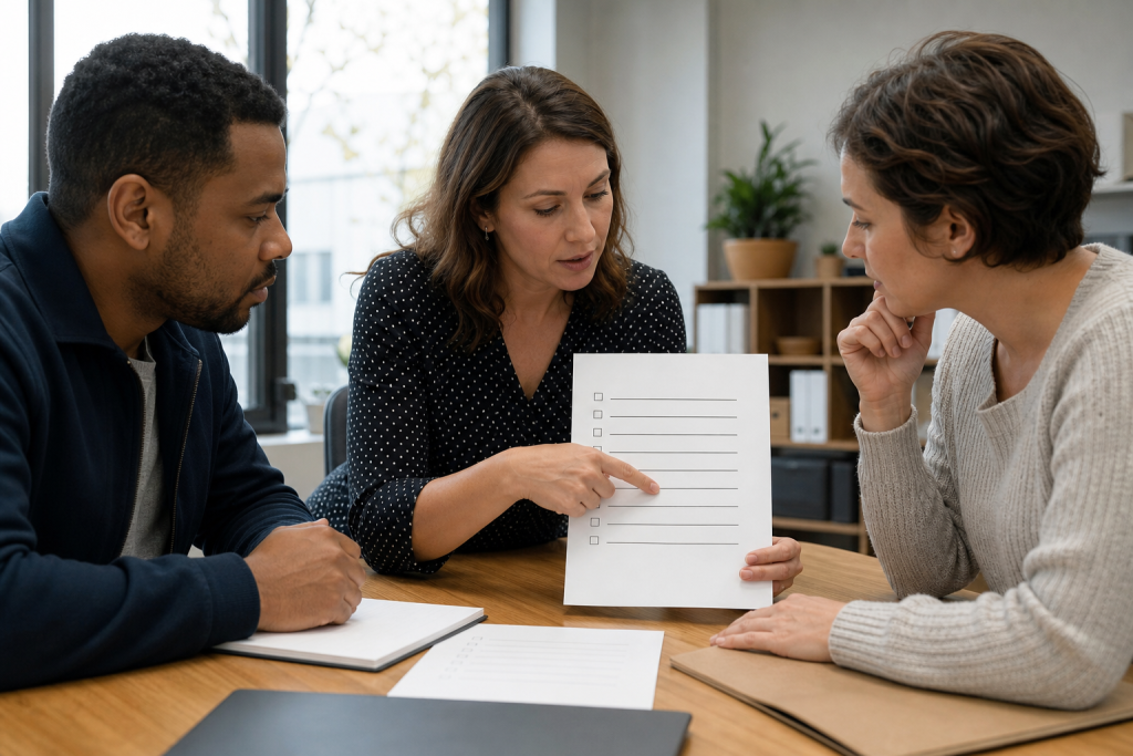 Small-business team reviewing a cybersecurity checklist, emphasizing the 'don't paste commands' guidance.