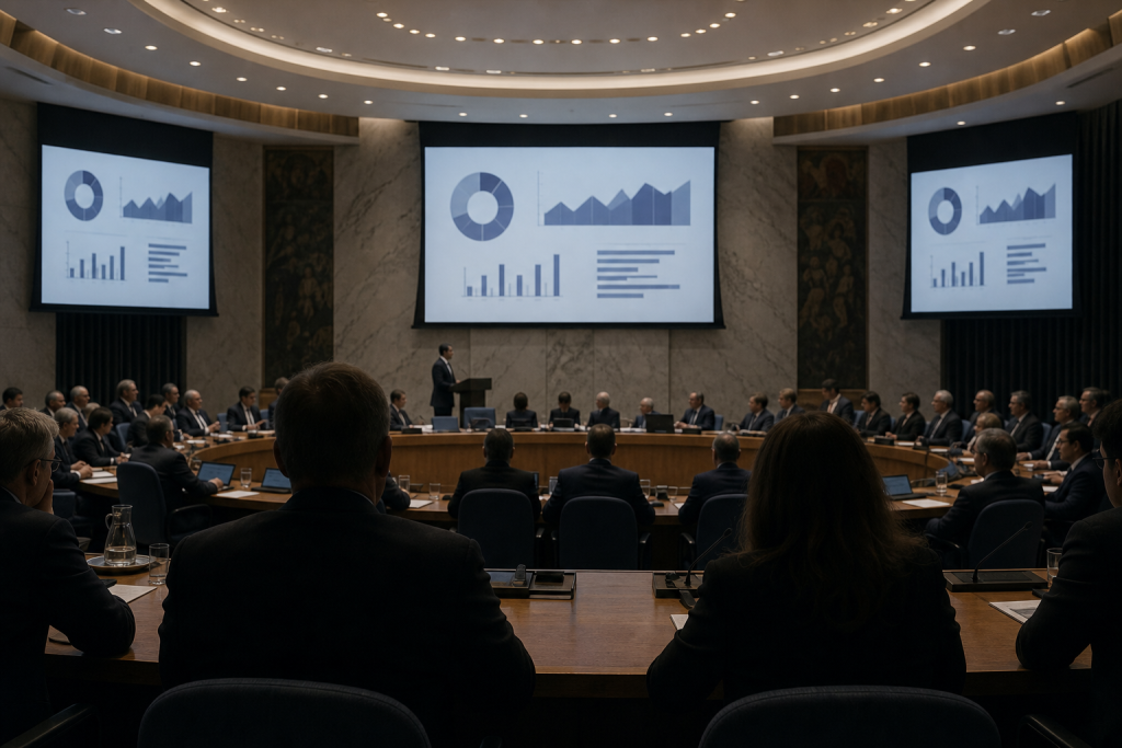 Delegates listening during an international briefing on AI risks.