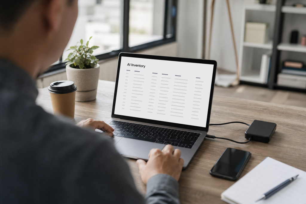 Small business owner reviewing an AI system inventory on a laptop, representing SMB preparedness for AI incident reporting.