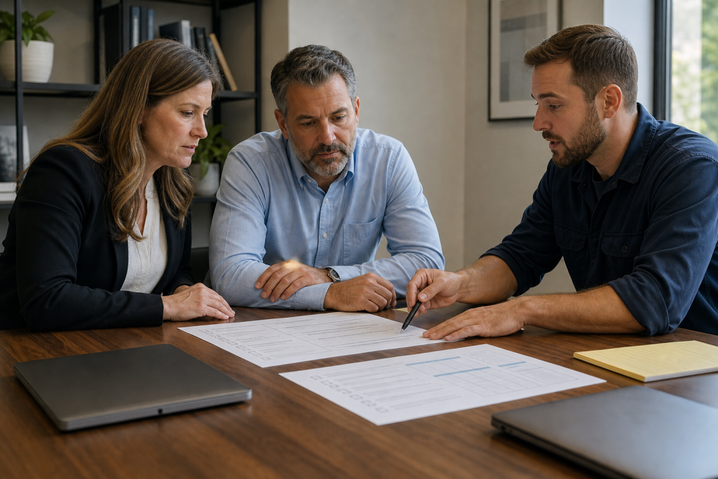 Small business owners and technician reviewing a printed cybersecurity action checklist.