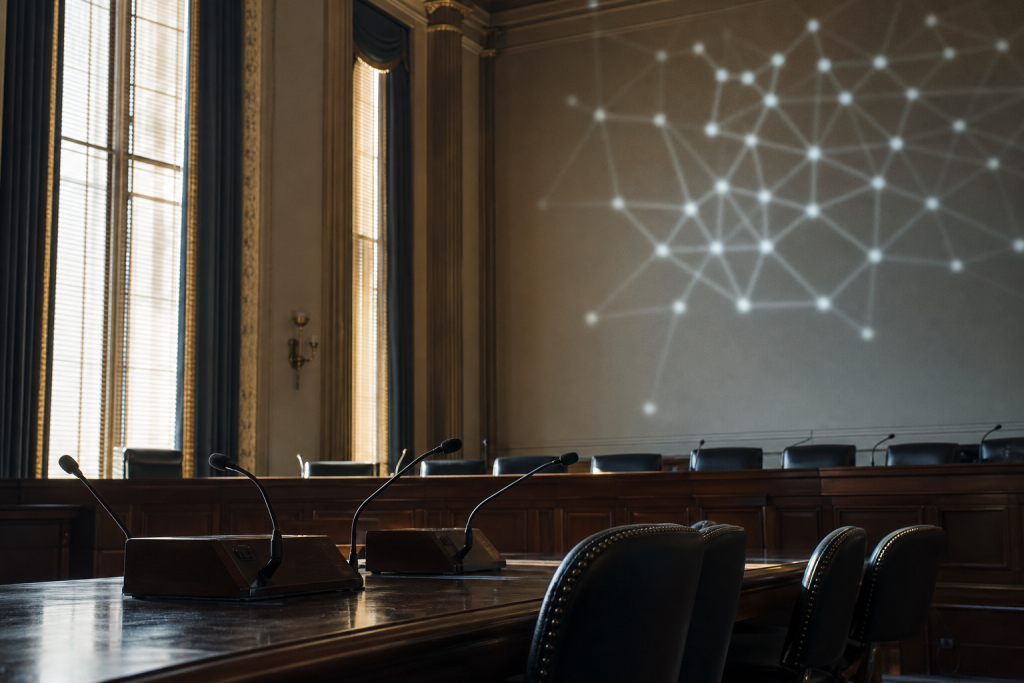 Empty congressional hearing room with abstract AI graphic projected on wall