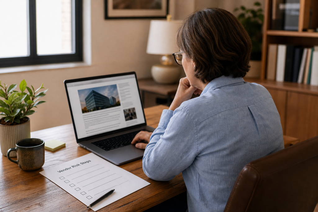 Small business owner reviewing a vendor risk checklist while reading IPO news