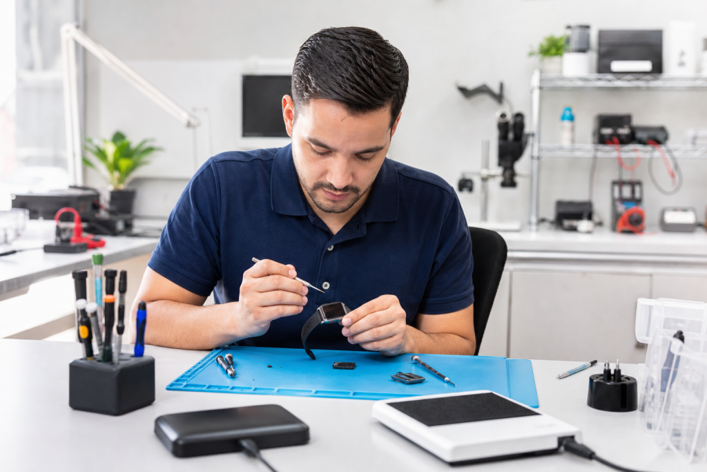 Technician repairing an Apple Watch at a clean workbench with precision tools and spare parts