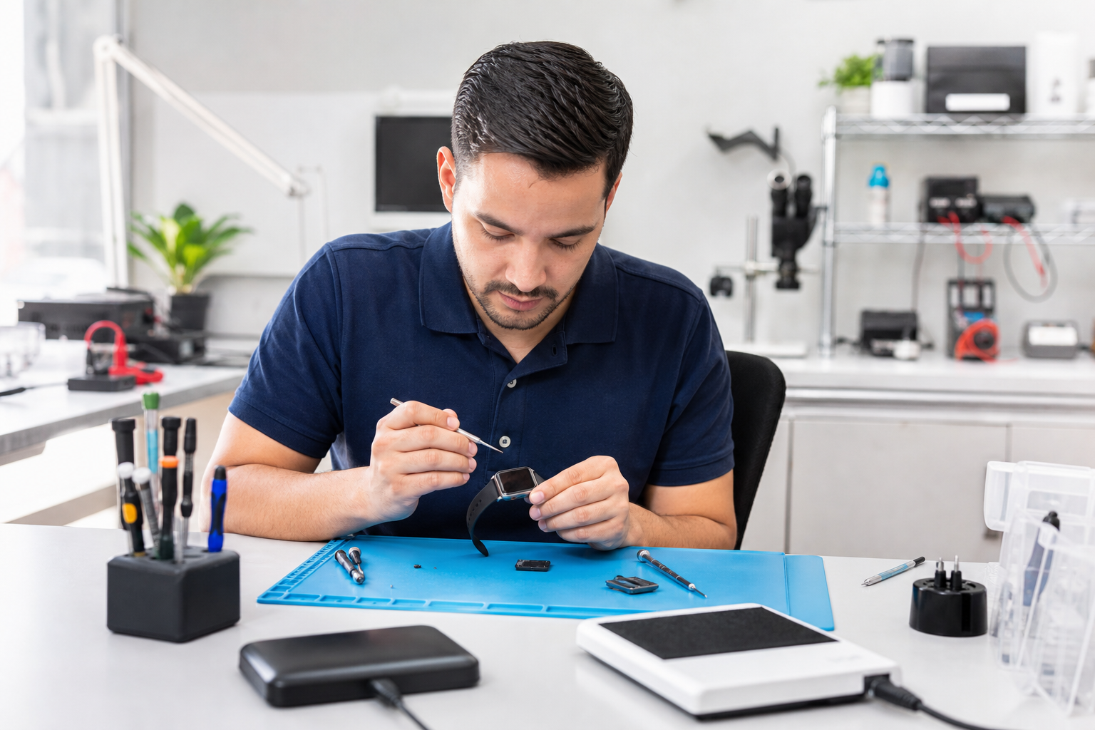 Technician repairing an Apple Watch at a clean workbench with precision tools and spare parts