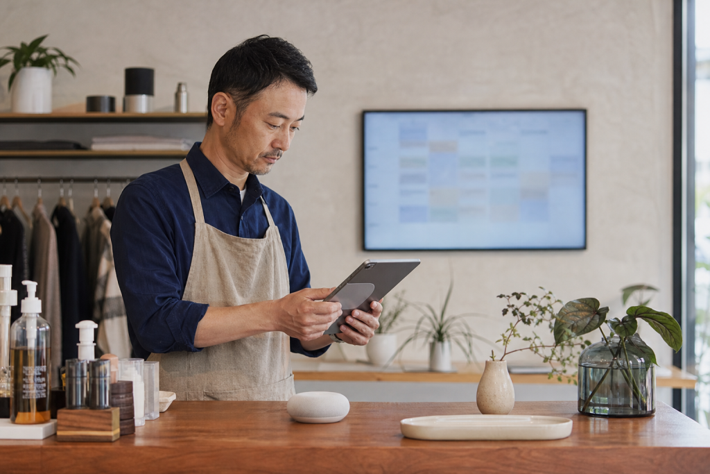 Small business owner using a tablet with a smart speaker on the counter in a shop interior.