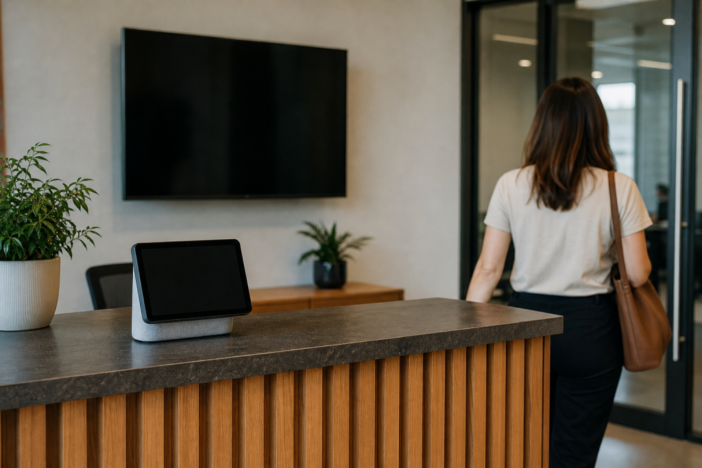 Small business reception desk with a smart display used as a desk hub.