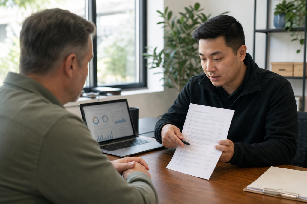 Technician reviewing an incident response checklist with a small business owner