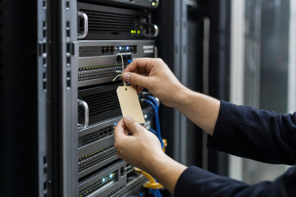 Technician tagging a network appliance in a server rack for maintenance.