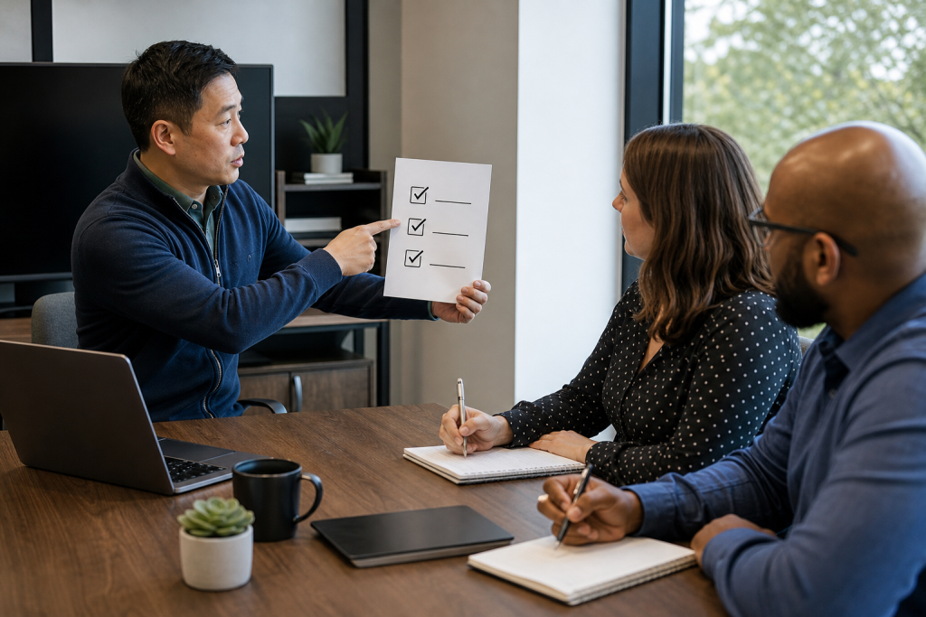 IT manager reviewing a patching checklist with staff.