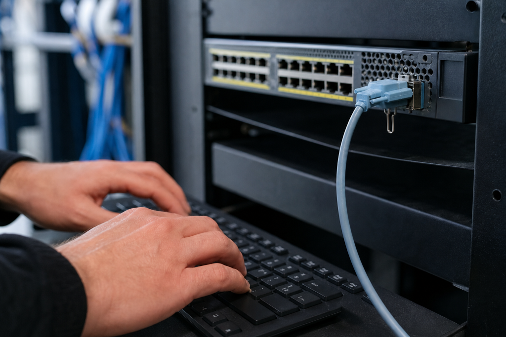 Console cable connected to a network switch console port during maintenance