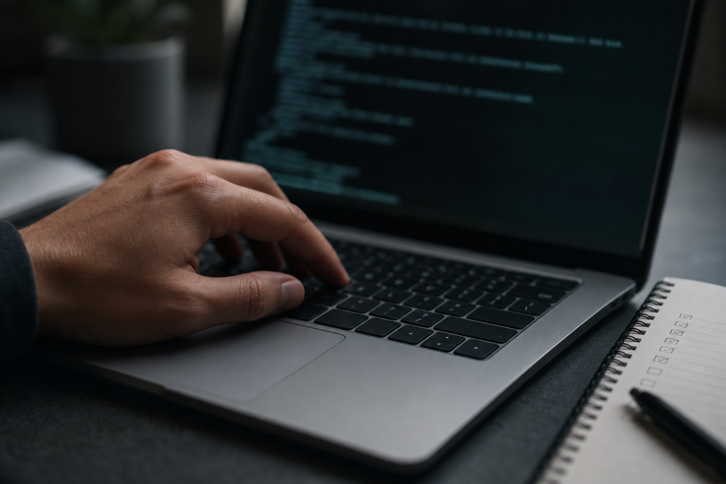 Engineer checking server logs and incident response checklist on laptop.