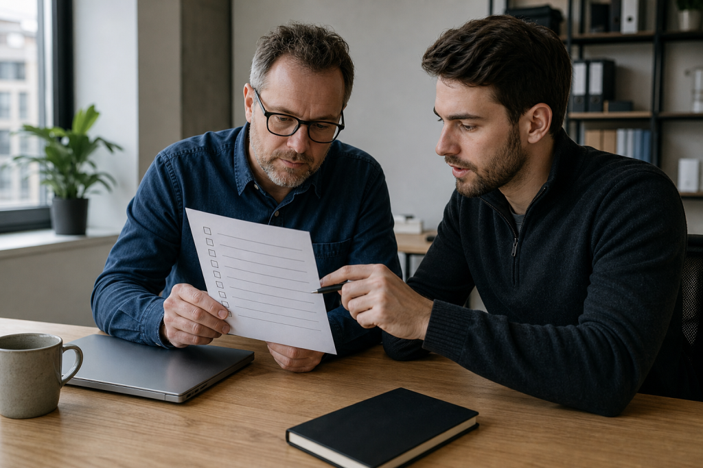 Small business owner and IT consultant reviewing a patch deployment checklist.