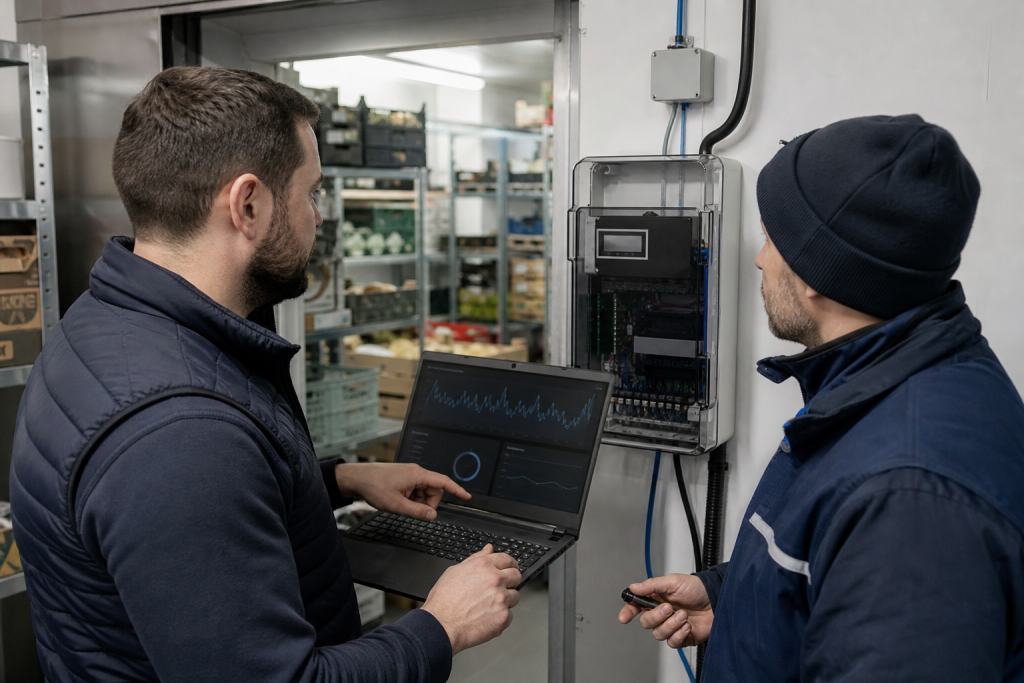 Technician reviewing network diagnostics for a commercial refrigeration controller in a store backroom.