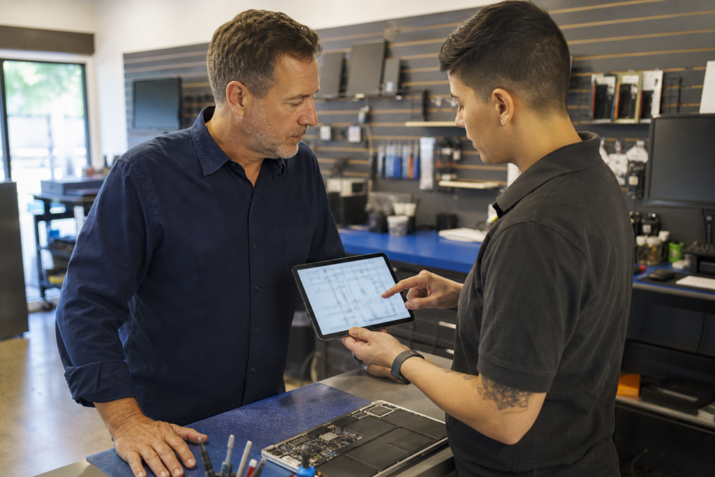 Business owner and technician discussing AI use and contracts in a repair shop