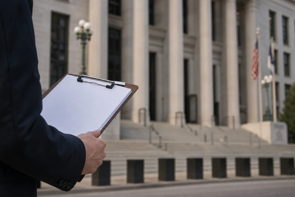 Document clipboard in front of a government building exterior, symbolizing formal requests for records.