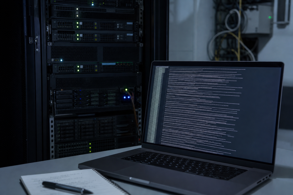Server rack and laptop showing logs in a research lab.