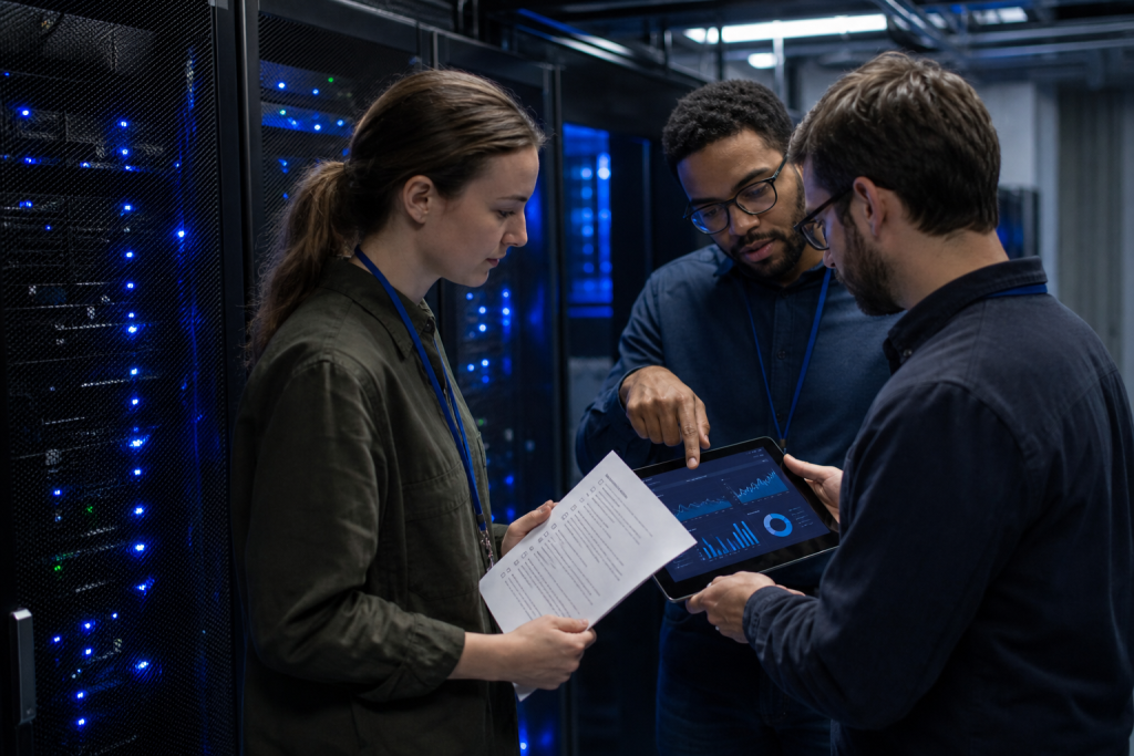 Engineers review anti‑cheat hardening steps in front of server racks and anonymized analytics.