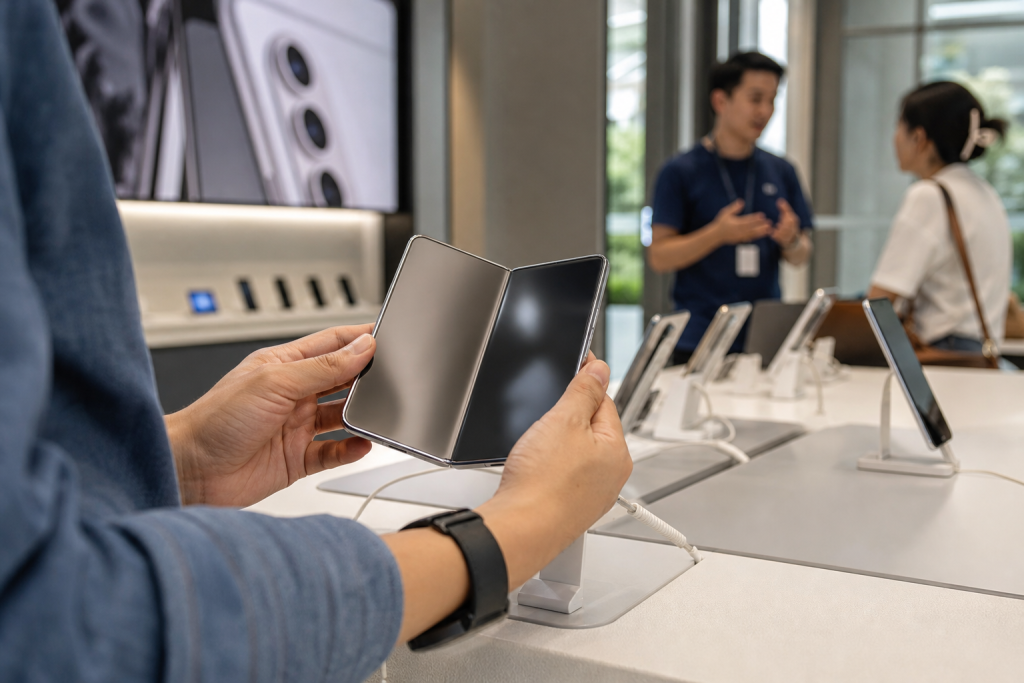 Customer unfolding a foldable smartphone at a retail demo table.