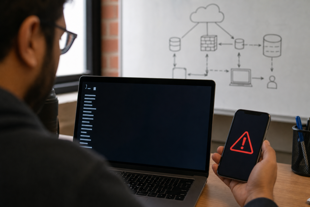Developer at a workstation checking packages and security alerts.