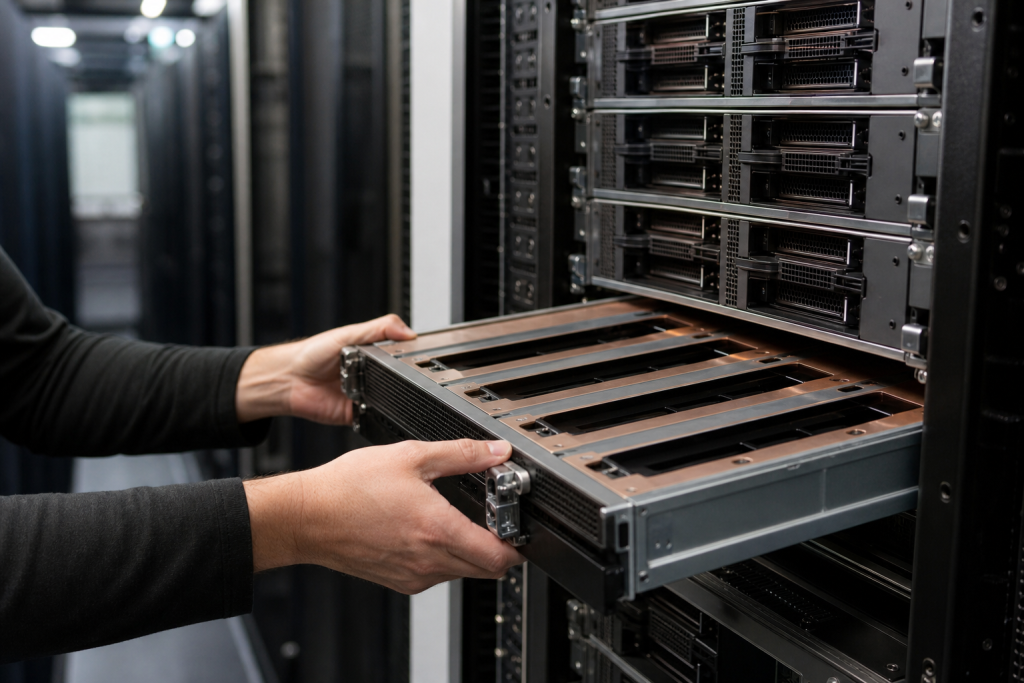 Technician installing high‑performance accelerators in a server rack.