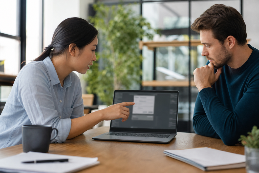 Small business team reviewing laptop-powered AI features