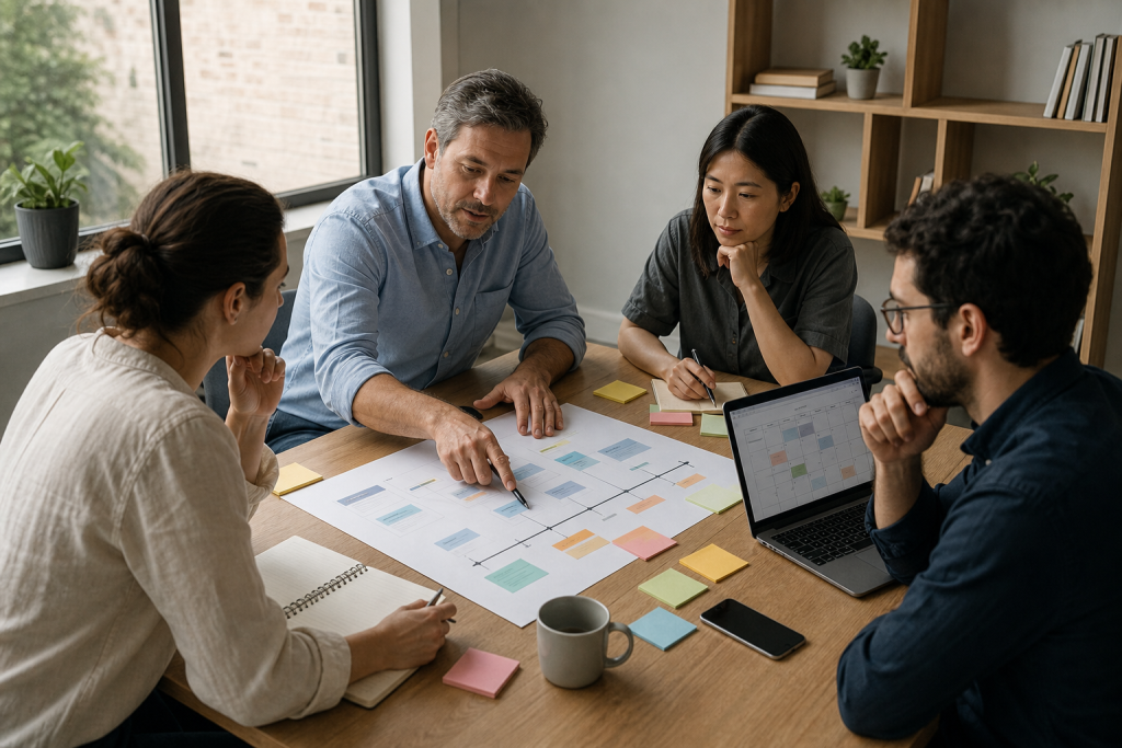 Small business team reviewing a project roadmap and timeline at a meeting table.