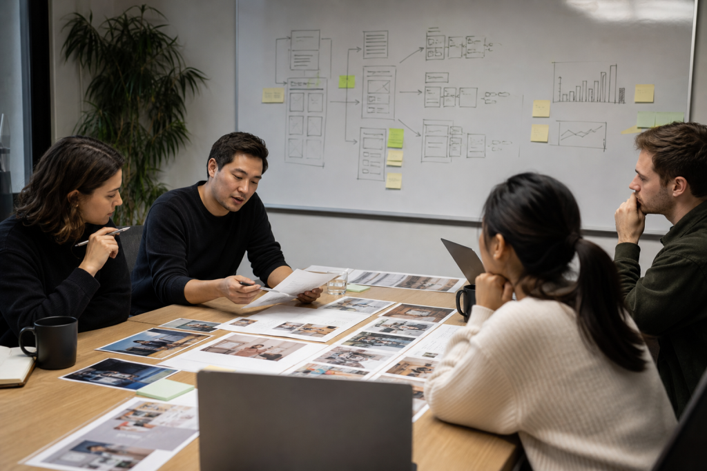 Design team reviewing generated image thumbnails and ad placement plans in a meeting.