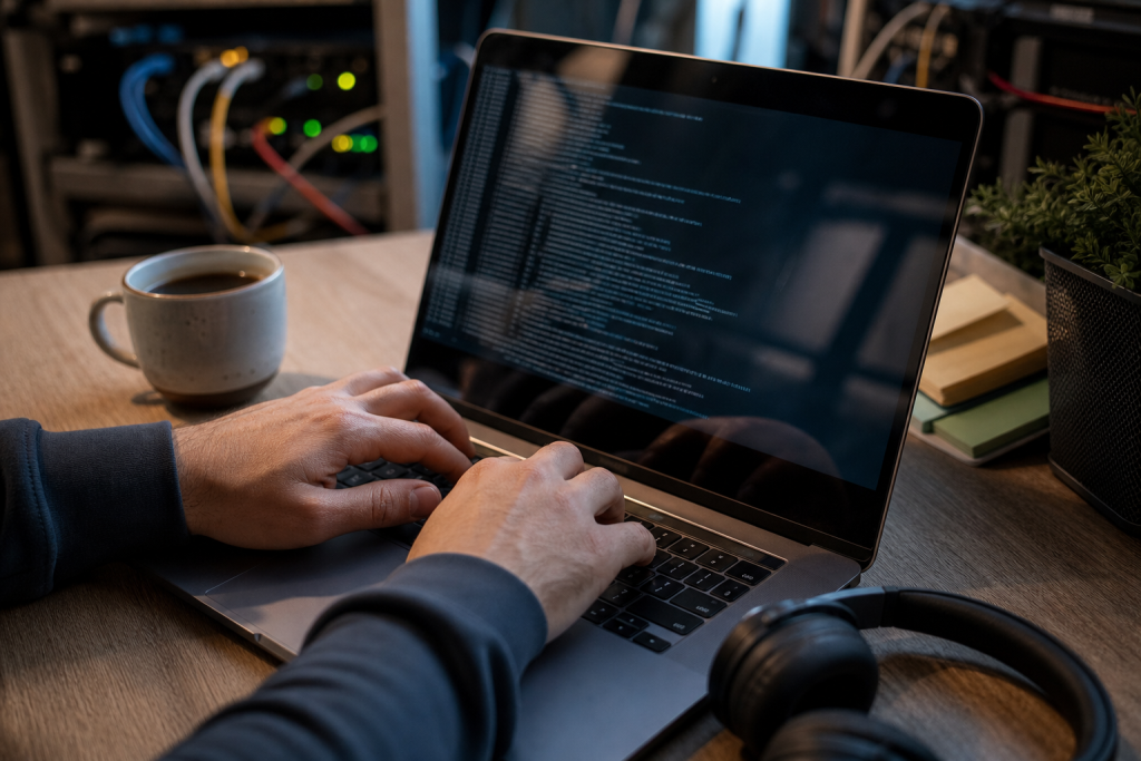 Developer reviewing server logs for suspicious activity.