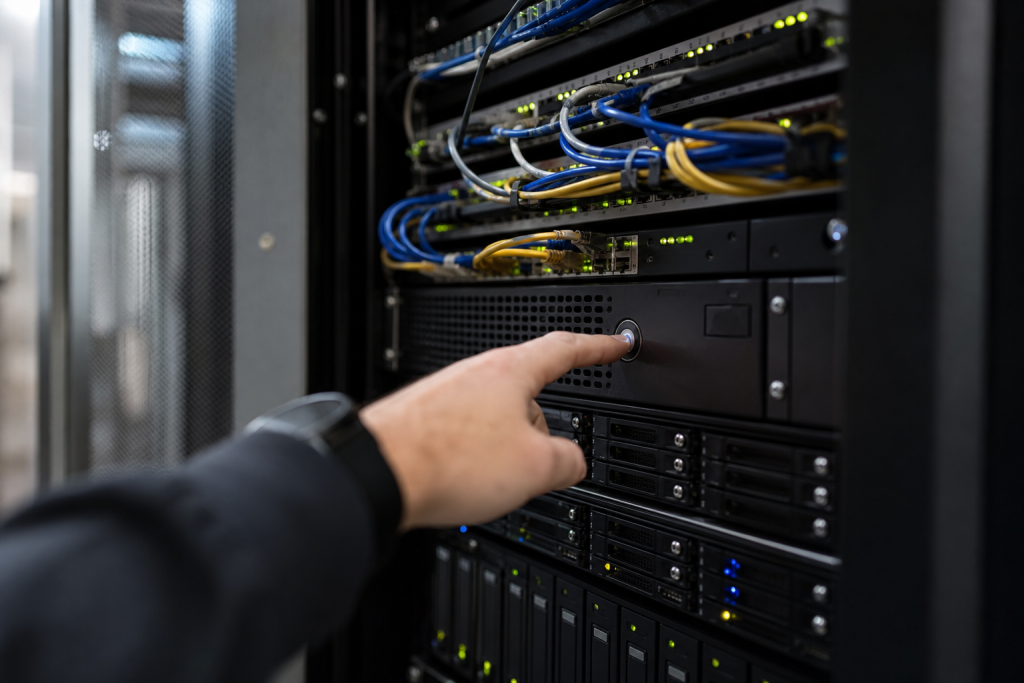 Technician rebooting a server in a rack during emergency patching.