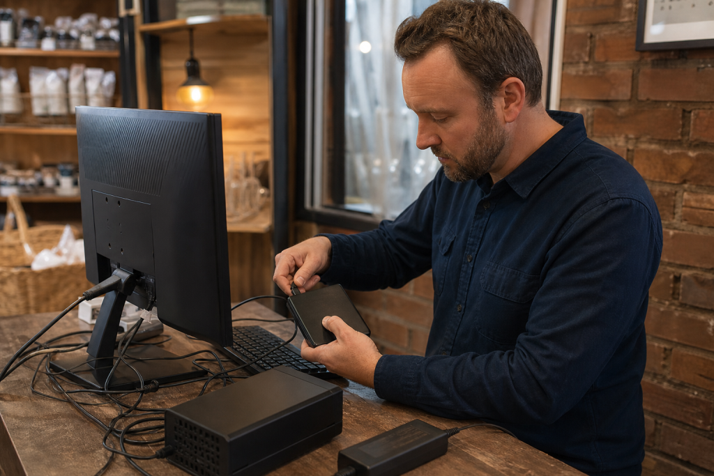 Technician restoring an offline backup at a small business.