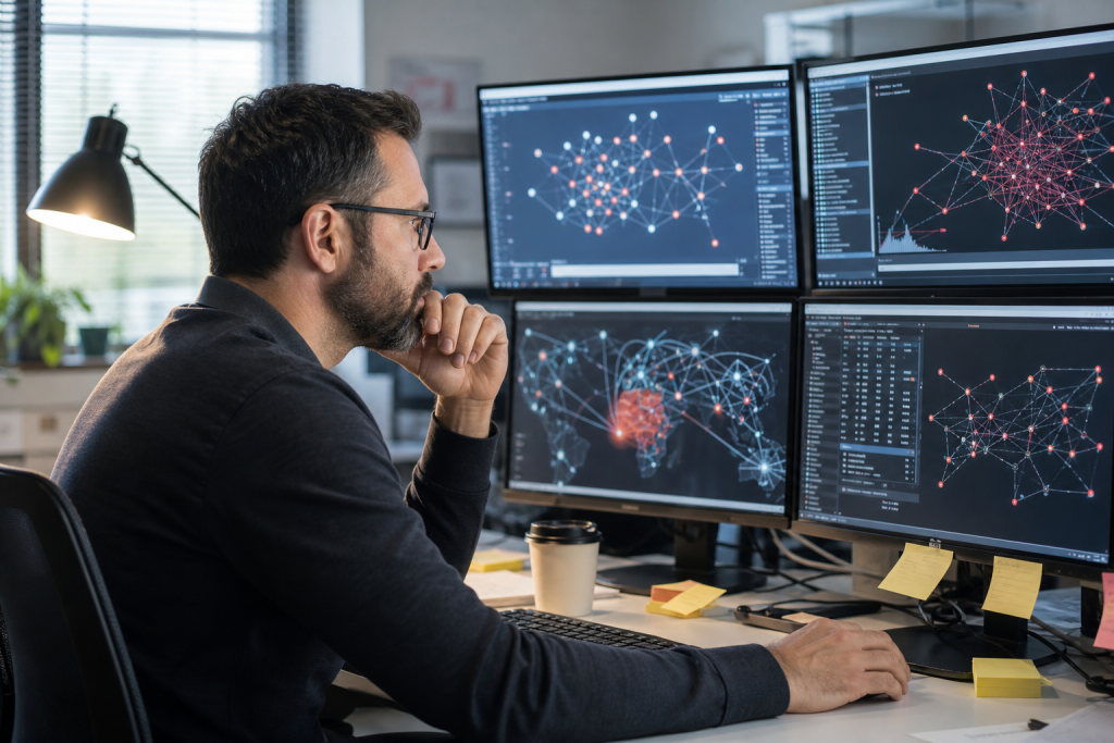 IT manager reviewing network alerts on multiple monitors in an office.